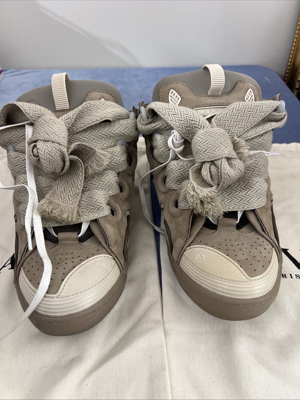 Lanvin Curb Sneakers EU 46 Taupe Gray Oversized Laces Dust Bags